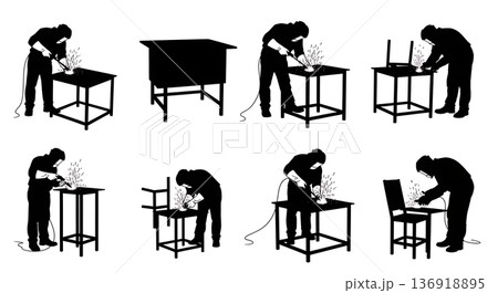 Black Solid Welder Magnetic Clamp Layout Silhouettes Set of Six on White Background Black Solid Welder Magnetic Clamp Layout Silhouettes Set of Six on White Background 136918895
