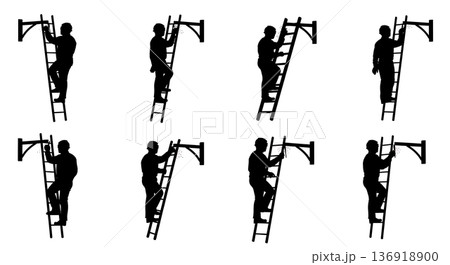 Black Solid Welder Climbing Ladder Silhouettes Set of Six on White Background Black Solid Welder Climbing Ladder Silhouettes Set of Six on White Background 136918900