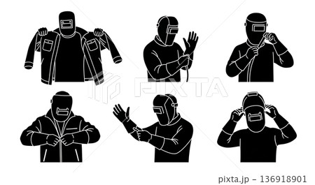 Black Solid Welder Dressing Protective Gear Silhouettes Set of Six on White Background 136918901