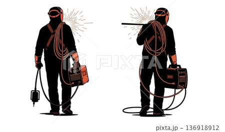 Black Solid Welder Carrying Equipment Silhouettes Set of Six on White Background Black Solid Welder Carrying Equipment Silhouettes Set of Six on White Background 136918912