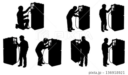 Black Solid Welder Adjusting Machine Silhouettes Set of Six on White Background 136918921