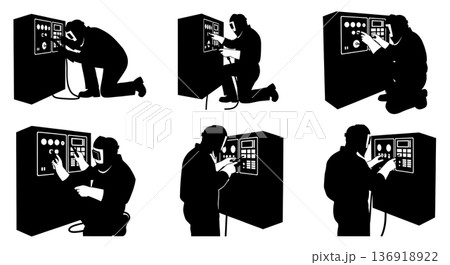 Black Solid Welder Adjusting Machine Silhouettes Set of Six on White Background 136918922
