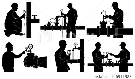 Black Solid Water Engineer Gauge Silhouettes Set of Six on White Background Black Solid Water Engineer Gauge Silhouettes Set of Six on White Background 136918927