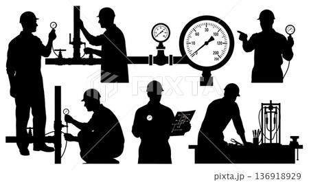 Black Solid Water Engineer Gauge Silhouettes Set of Six on White Background 136918929