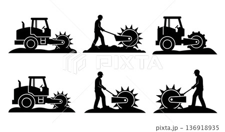Black Solid Waste Compactor Landfill Silhouettes Set of Six on White Background Black Solid Waste Compactor Landfill Silhouettes Set of Six on White Background 136918935