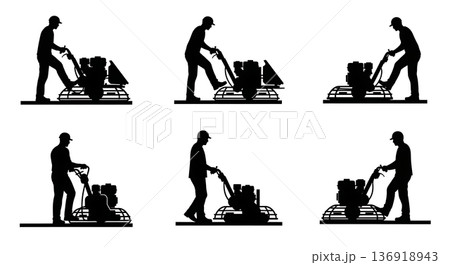 Black Solid Walk-behind Power Trowel Silhouettes Set of Six on White Background Black Solid Walk-behind Power Trowel Silhouettes Set of Six on White Background 136918943