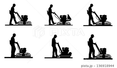 Black Solid Walk-behind Power Trowel Silhouettes Set of Six on White Background 136918944
