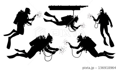Black Solid Underwater Welder Diver Silhouettes Set of Six on White Background 136918964