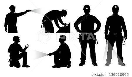 Black Solid Tunnel Engineer Silhouettes Set of Six on White Background 136918966