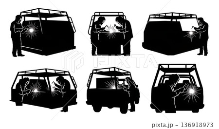 Black Solid Truck Headache Rack Welder Silhouettes Set of Six on White Background 136918973