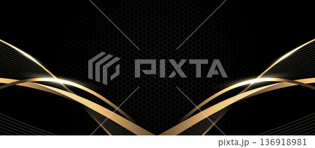 Abstract golden ribbon wave curve on black hexagon mesh design modern futuristic luxury background vector Abstract golden ribbon wave curve on black hexagon mesh design modern futuristic luxury background vector 136918981