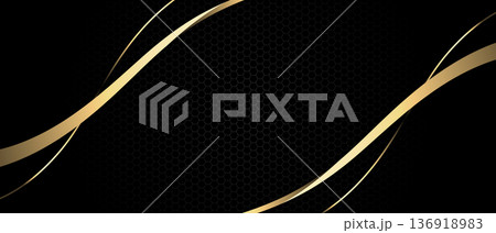 Abstract golden ribbon wave curve on black hexagon mesh design modern futuristic luxury background vector 136918983