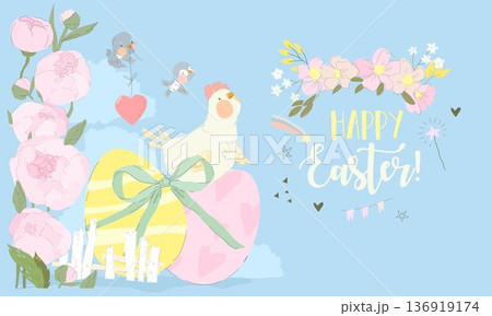 Cute White Hen sitting on Easter Eggs 136919174
