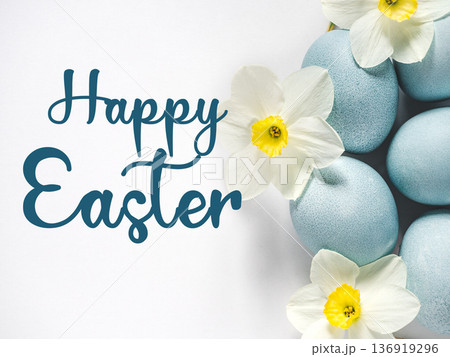 Happy Easter. Pastel blue Easter eggs and congratulatory inscription 136919296