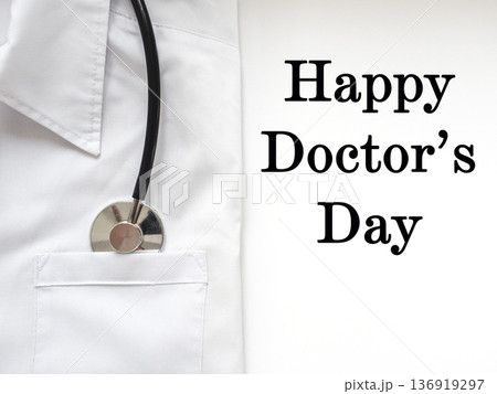 White medical coat with stethoscope in pocket White medical coat with stethoscope in pocket 136919297