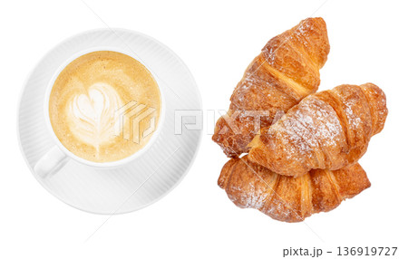 Cappuccino with croissants isolated on white background 136919727