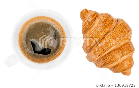 Top view black coffee with croissant isolated Top view black coffee with croissant isolated 136919728