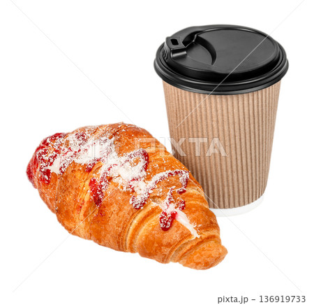 Berry croissant with takeaway coffee cup isolated on white 136919733