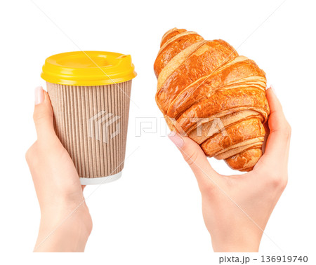 Woman holding takeaway coffee and croissant isolated 136919740