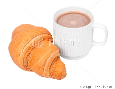Plain croissant with hot chocolate in white mug isolated on white Plain croissant with hot chocolate in white mug isolated on white 136919756