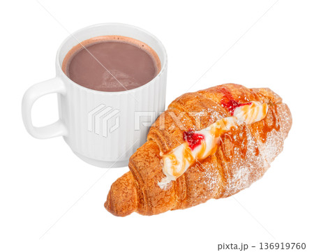 Croissant with cream and berry topping served with hot chocolate Croissant with cream and berry topping served with hot chocolate 136919760