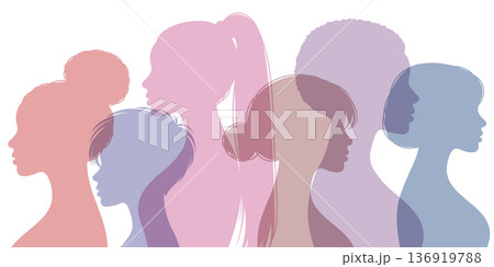 Female profile silhouettes collection. Women of different ethnicities stand side by side together. Women faces side view different hairstyles beauty fashion concept pastel colors 136919788