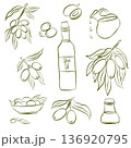 Line drawing of olives and olive oil, set. 136920795