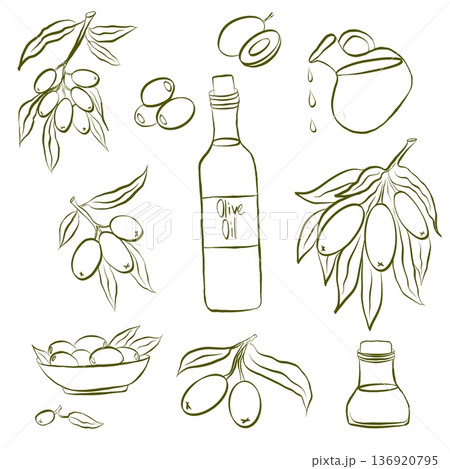 Line drawing of olives and olive oil, set. Line drawing of olives and olive oil, set. 136920795