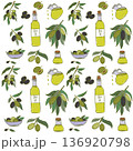 Seamless pattern on a white background of olives and olive oil. 136920798
