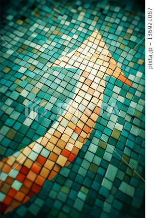 グリーン×ブルーのタイル背景と上向き矢印　業績アップのイメージ 136921087