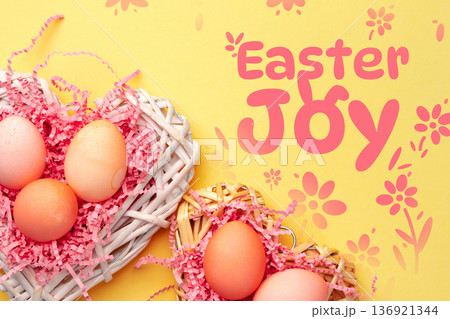 Happy Easter celebration with colorful eggs in a basket on a bright background 136921344