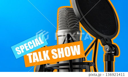 Special podcast talk show with a microphone and pop filter on a blue background Special podcast talk show with a microphone and pop filter on a blue background 136921411