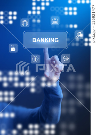 User interacts with digital banking tools on a touchscreen interface for invoice payment 136921477
