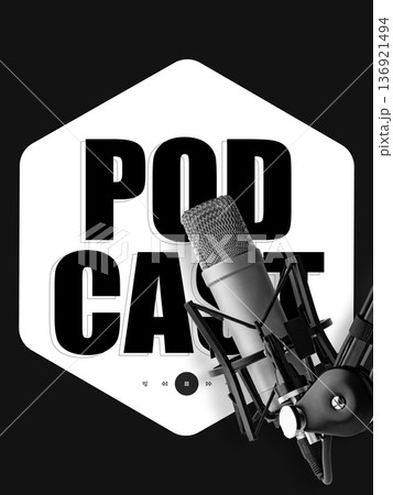Podcast recording setup with microphone and audio interface on a black background Podcast recording setup with microphone and audio interface on a black background 136921494
