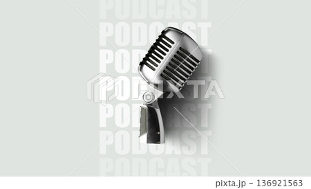 Classic microphone stands in front of repeated podcast text on a light background 136921563