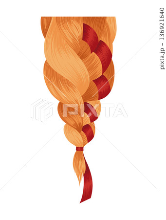 Hair braid. Long female fashion plait. Vector illustration of human hair in natural color. Cartoon art illustration with ribbon isolated on white background 136921640