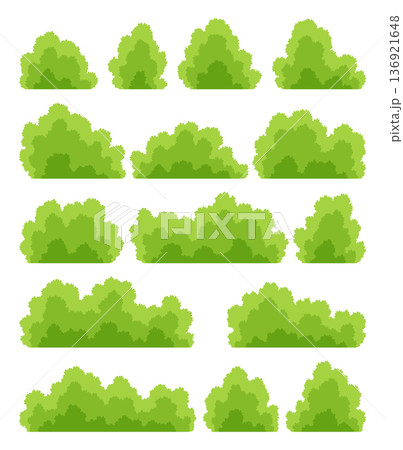 Bushes icon set. Cartoon forest and park shrubbery. Summer nature cartoon objects isolated on white. Landscape scene create element. Vector cartoon illustration Bushes icon set. Cartoon forest and park shrubbery. Summer nature cartoon objects isolated on white. Landscape scene create element. Vector cartoon illustration 136921648