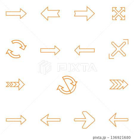 Collection of 16 orange arrow icons with diverse shapes and directional pointers 136921680