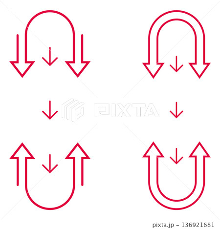 Four red arrows forming U-shapes and simple directional arrows, indicating movement and turns 136921681