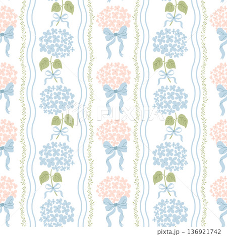 Preppy striped coquette seamless pattern with hydrangea flowers, ribbon bow. Vector grandmillennial wallpaper 136921742