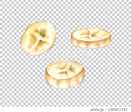 A set with different pieces of peeled banana on an isolated background. Watercolor illustration. Realistic clipart of ripe fruit pieces for decorating baby food, pastries, and healthy food. 136921781