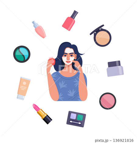 Decorative cosmetics, beautiful round composition. Everything for make up around the woman. Eye shadow, mascara, nail Polish, foundation, brush, lipstick, cream cosmetic pencil. Vector illustration. Decorative cosmetics, beautiful round composition. Everything for make up around the woman. Eye shadow, mascara, nail Polish, foundation, brush, lipstick, cream cosmetic pencil. Vector illustration. 136921816