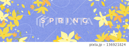 Spring greeting card with cute yellow forsythia on blue background. Textured spring banner, poster with beautiful flowers. Hand drawn floral decorative elements. Elegant botanical design. Vector Spring greeting card with cute yellow forsythia on blue background. Textured spring banner, poster with beautiful flowers. Hand drawn floral decorative elements. Elegant botanical design. Vector 136921824