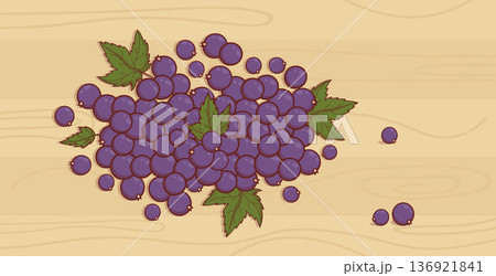 Fresh Blackcurrant Berries and Leaves. Harvest Top View of Eco Fruit on Wooden Background. Vector Illustration Fresh Blackcurrant Berries and Leaves. Harvest Top View of Eco Fruit on Wooden Background. Vector Illustration 136921841