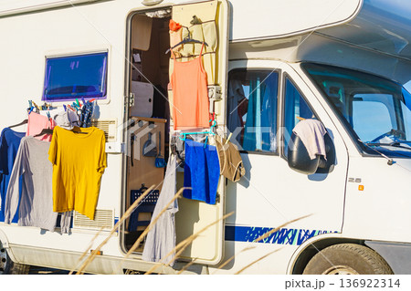 Clothes hanging to dry outdoor at caravan 136922314