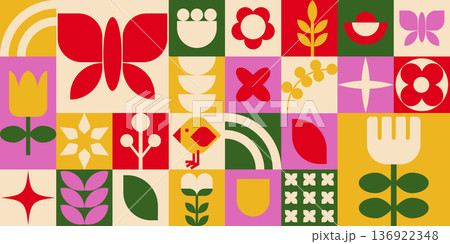 Spring floral geometric background in bright colors Spring floral geometric background in bright colors 136922348