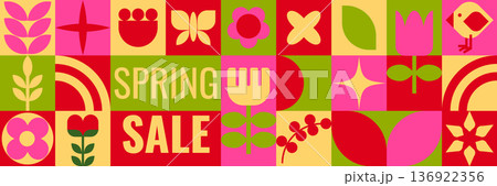 Spring sale banner, flyer. Geometric background 136922356