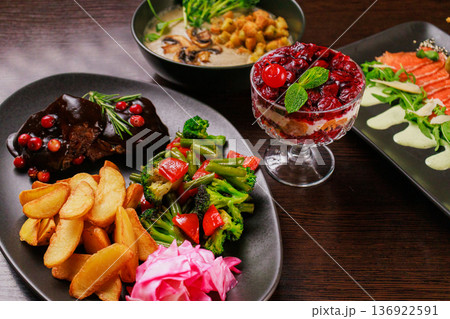 Several dishes for one person on the table Several dishes for one person on the table 136922591