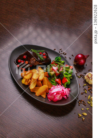 A plate of fried meat, fried potatoes and A plate of fried meat, fried potatoes and 136922628