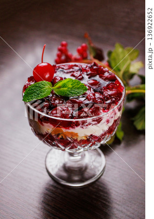 Dessert of pickled cherries with cream in a glass Dessert of pickled cherries with cream in a glass 136922652
